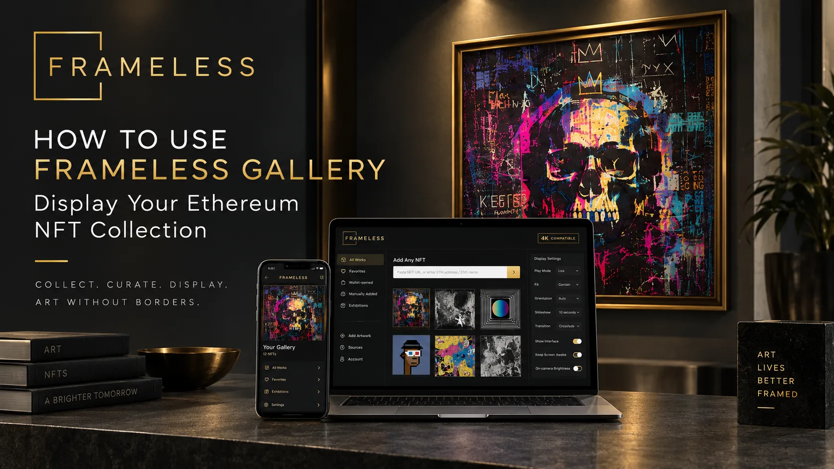 Frameless Gallery shown on a wall display, laptop, and phone, with the crowned-skull artwork on screen