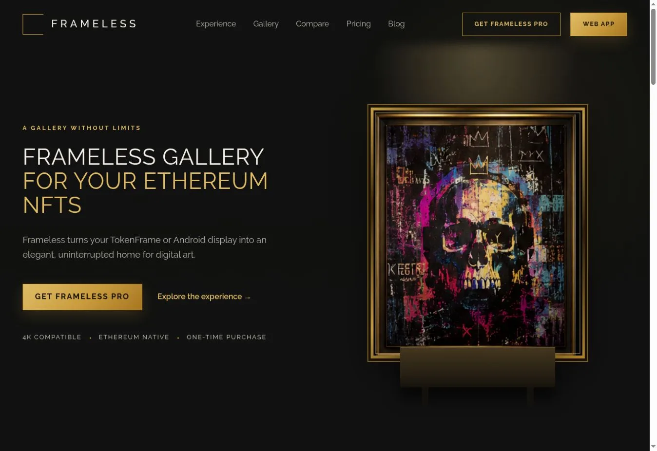 Frameless Gallery homepage showing crowned-skull artwork in a gold frame