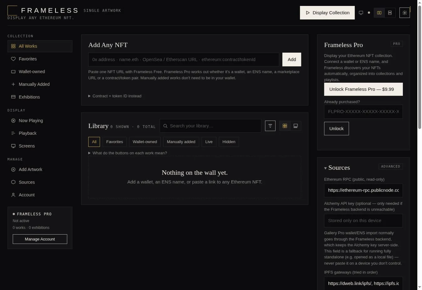 Frameless player landing screen with the Add Any NFT input, library grid, and left navigation