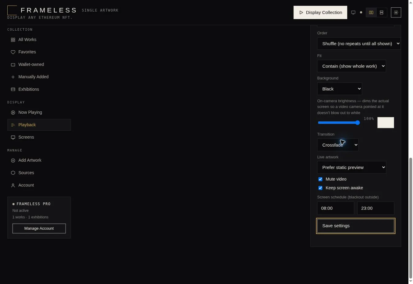 Frameless Playback settings: transition, live artwork, mute, keep screen awake, and screen schedule
