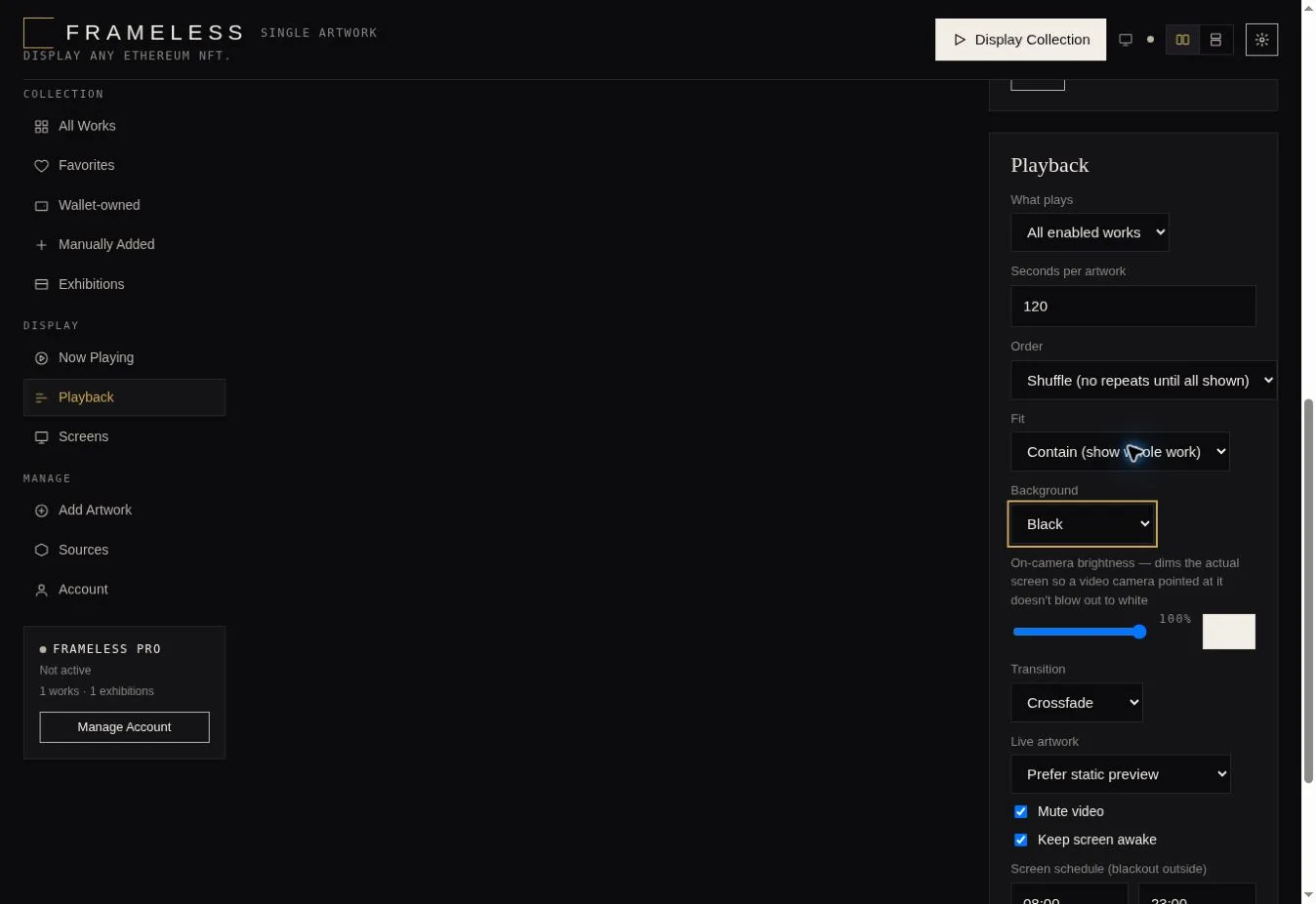 Frameless Playback settings: what plays, timing, order, fit, background, and on-camera brightness