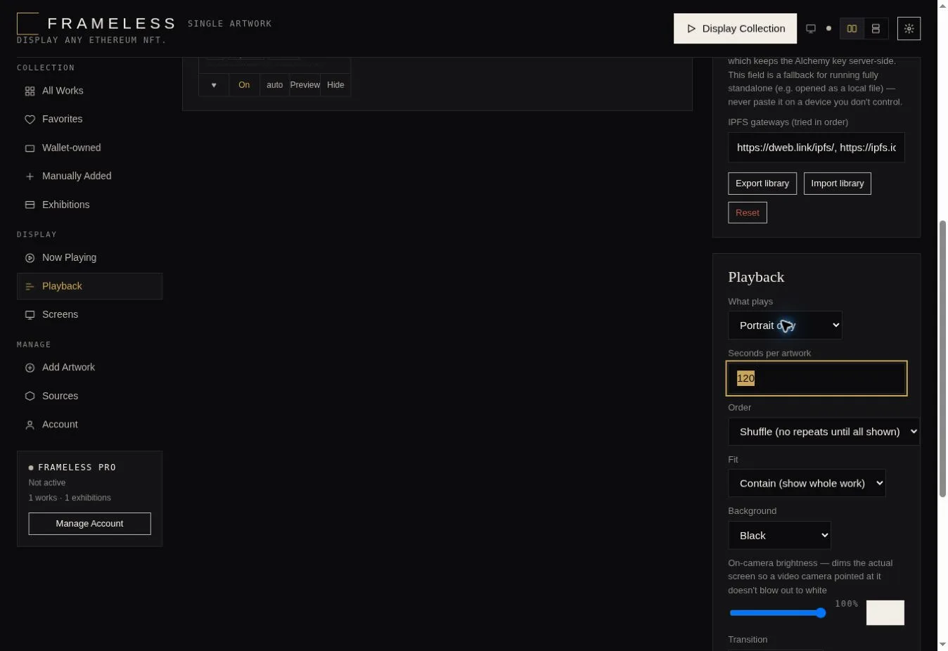 Frameless What Plays setting with Portrait selected
