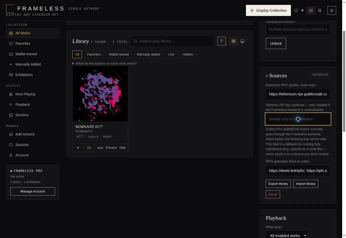 Frameless Sources settings with the optional Alchemy API key